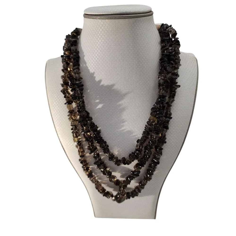Vintage 925 southwest style 3 strand smoky quartz polished‎ chip necklace